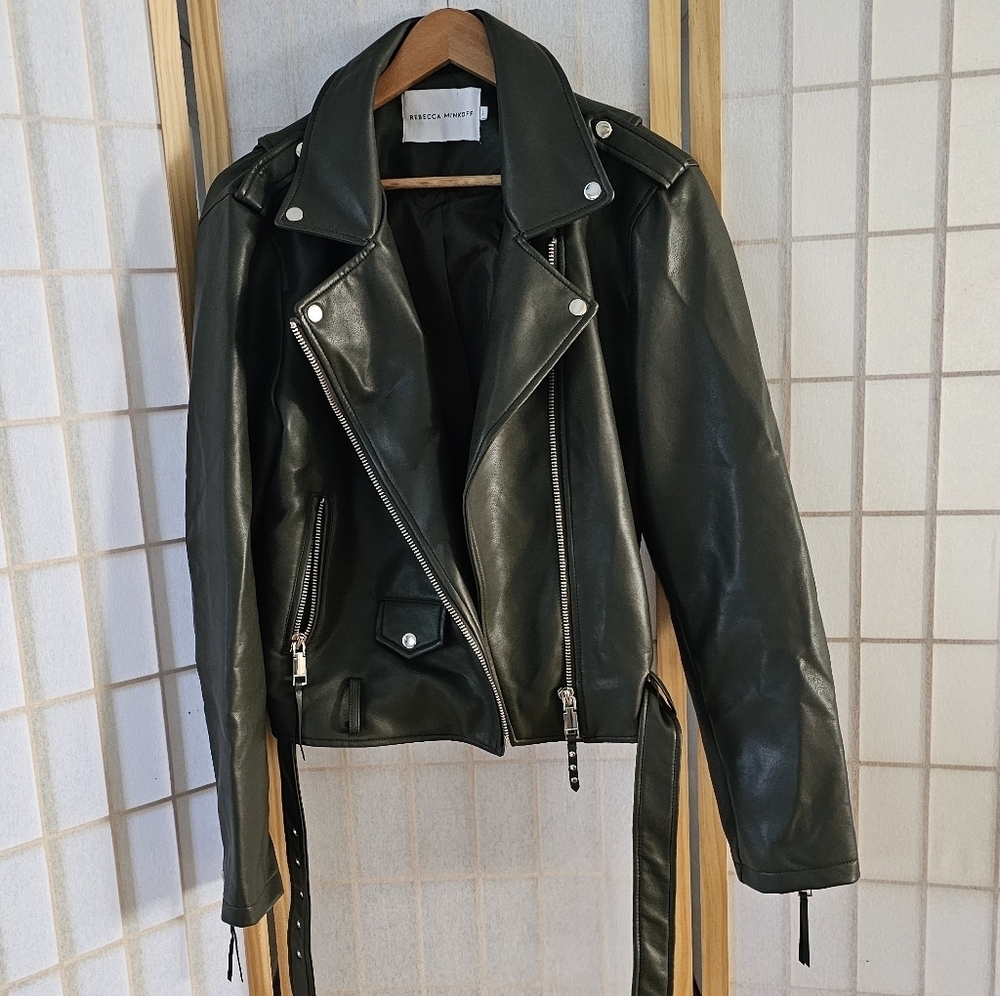 Rebecca MIinkoff Jacket Women's Small Olive Vegan Leather Biker - Picture 2 of 10